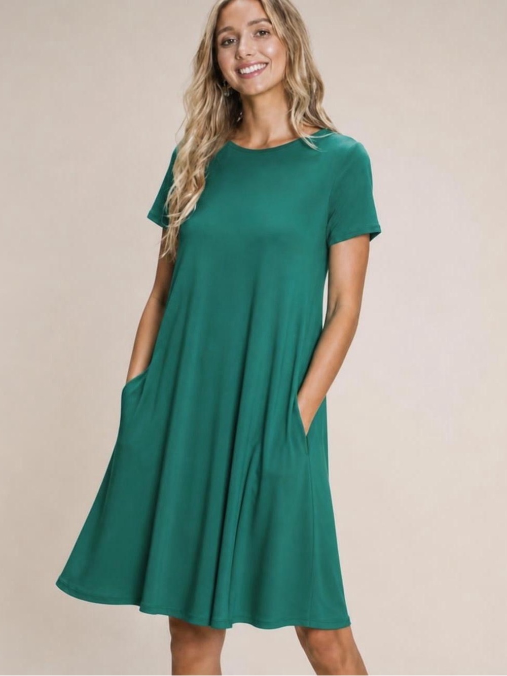 Casual Short-Sleeve Green Swing Dress